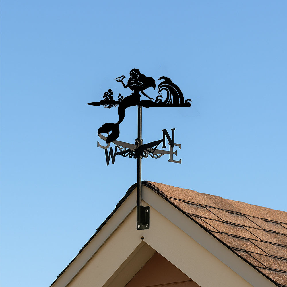 Mermaid metal weather vane with directional arrows and mounting rod, outdoor roof and garden decoration