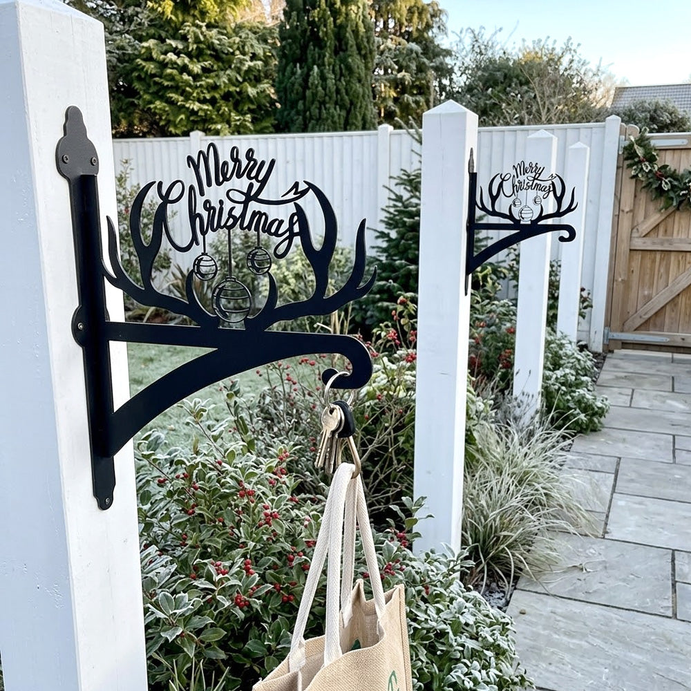 Merry christmas antler metal hanging basket bracket mounted on outdoor wall for plant decoration
