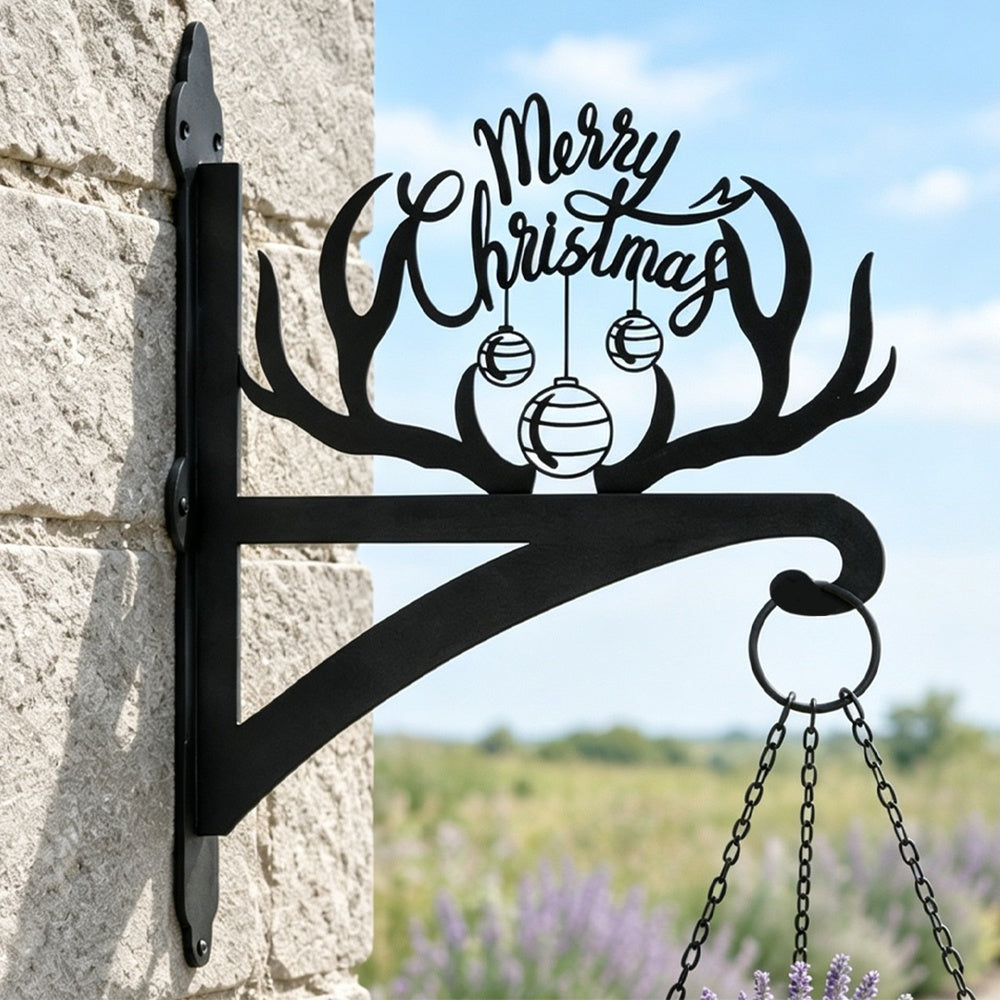 Merry christmas antler metal hanging basket bracket mounted on outdoor wall for plant decoration