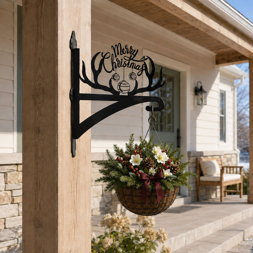 Merry christmas antler metal hanging basket bracket mounted on outdoor wall for plant decoration