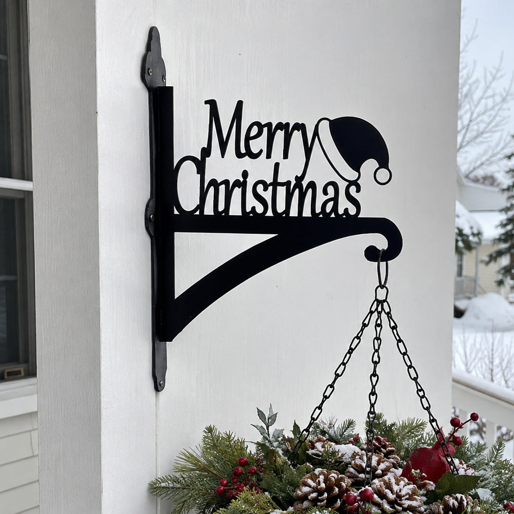 Merry christmas metal hanging basket bracket mounted on outdoor wall for plant decoration