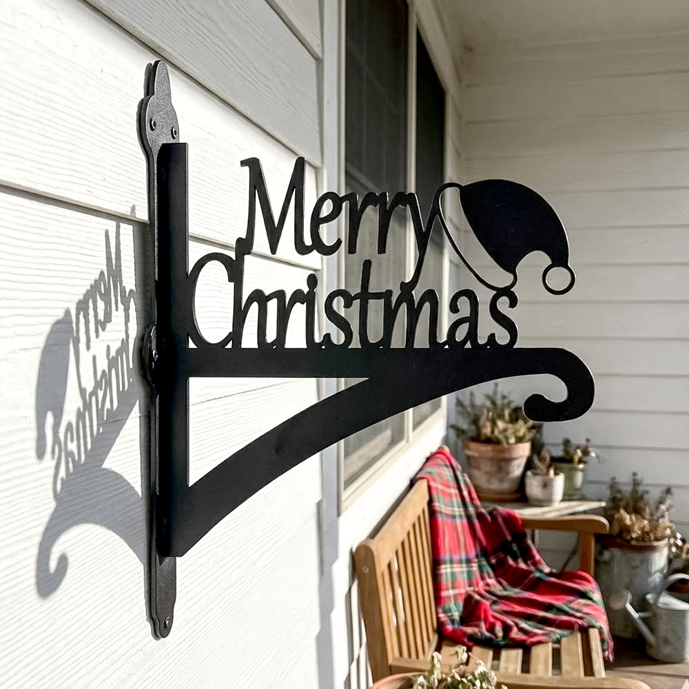 Merry christmas metal hanging basket bracket mounted on outdoor wall for plant decoration