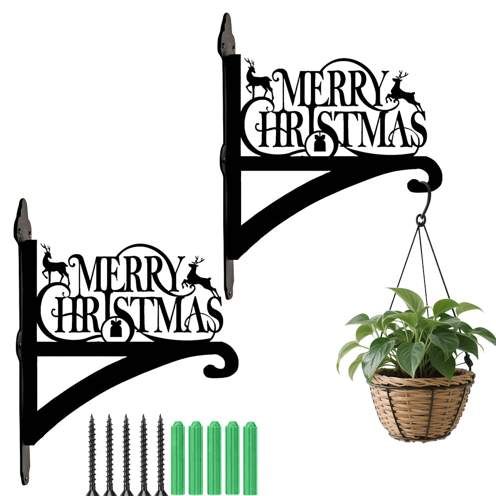 Merry christmas metal hanging basket bracket mounted on outdoor wall for plant decoration