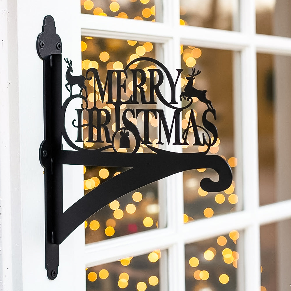 Merry christmas metal hanging basket bracket mounted on outdoor wall for plant decoration