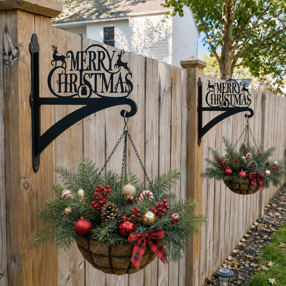 Merry christmas metal hanging basket bracket mounted on outdoor wall for plant decoration