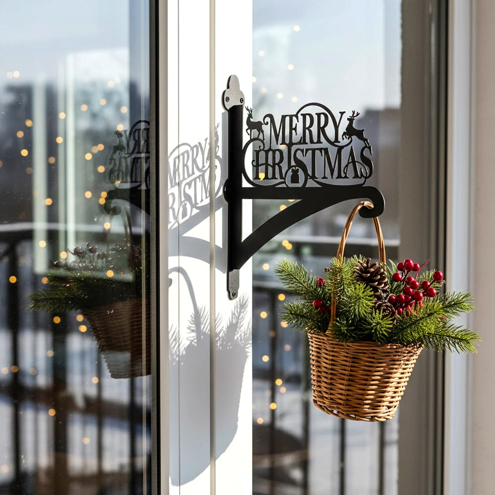 Merry christmas metal hanging basket bracket mounted on outdoor wall for plant decoration