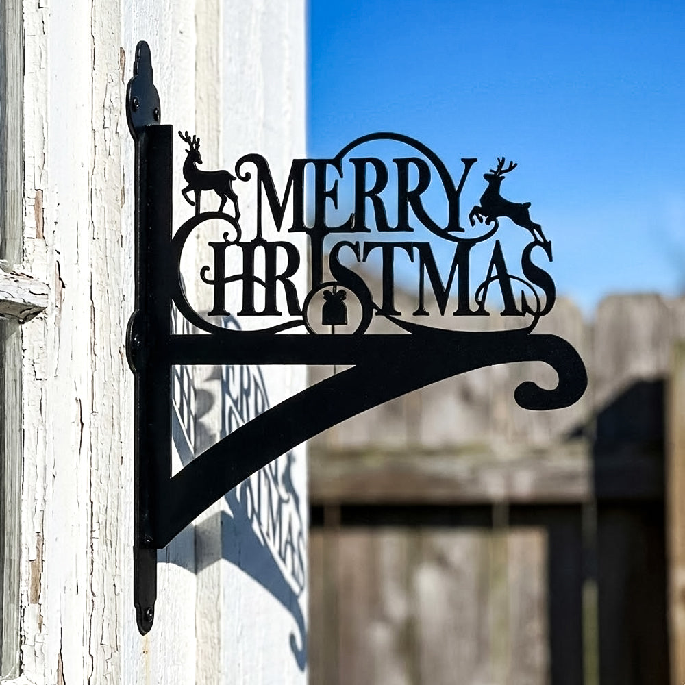 Merry christmas metal hanging basket bracket mounted on outdoor wall for plant decoration