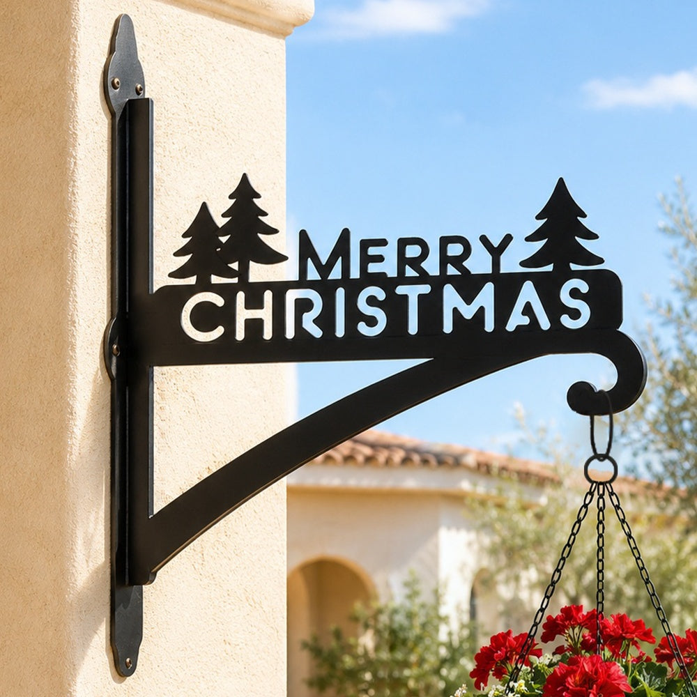 Merry christmas pine tree metal hanging basket bracket mounted on outdoor wall for plant decoration