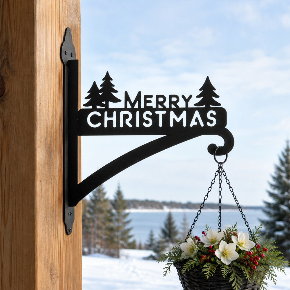 Merry christmas pine tree metal hanging basket bracket mounted on outdoor wall for plant decoration