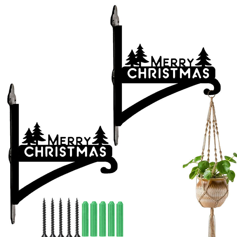 Merry christmas pine tree metal hanging basket bracket mounted on outdoor wall for plant decoration