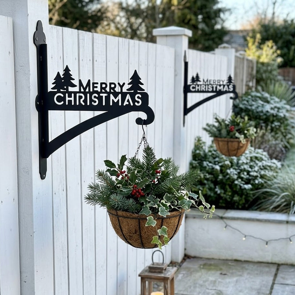 Merry christmas pine tree metal hanging basket bracket mounted on outdoor wall for plant decoration