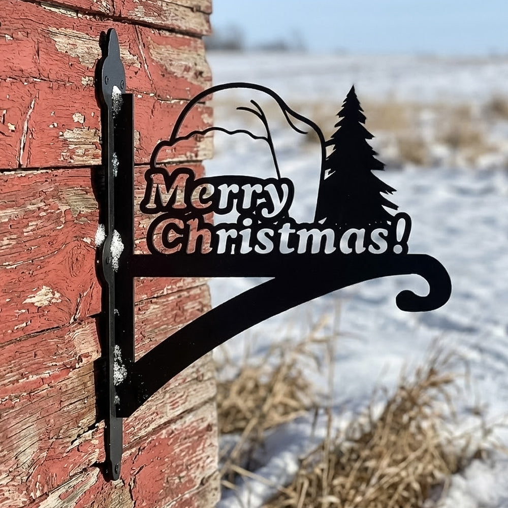 Merry christmas santa hat metal hanging basket bracket mounted on outdoor wall for plant decoration