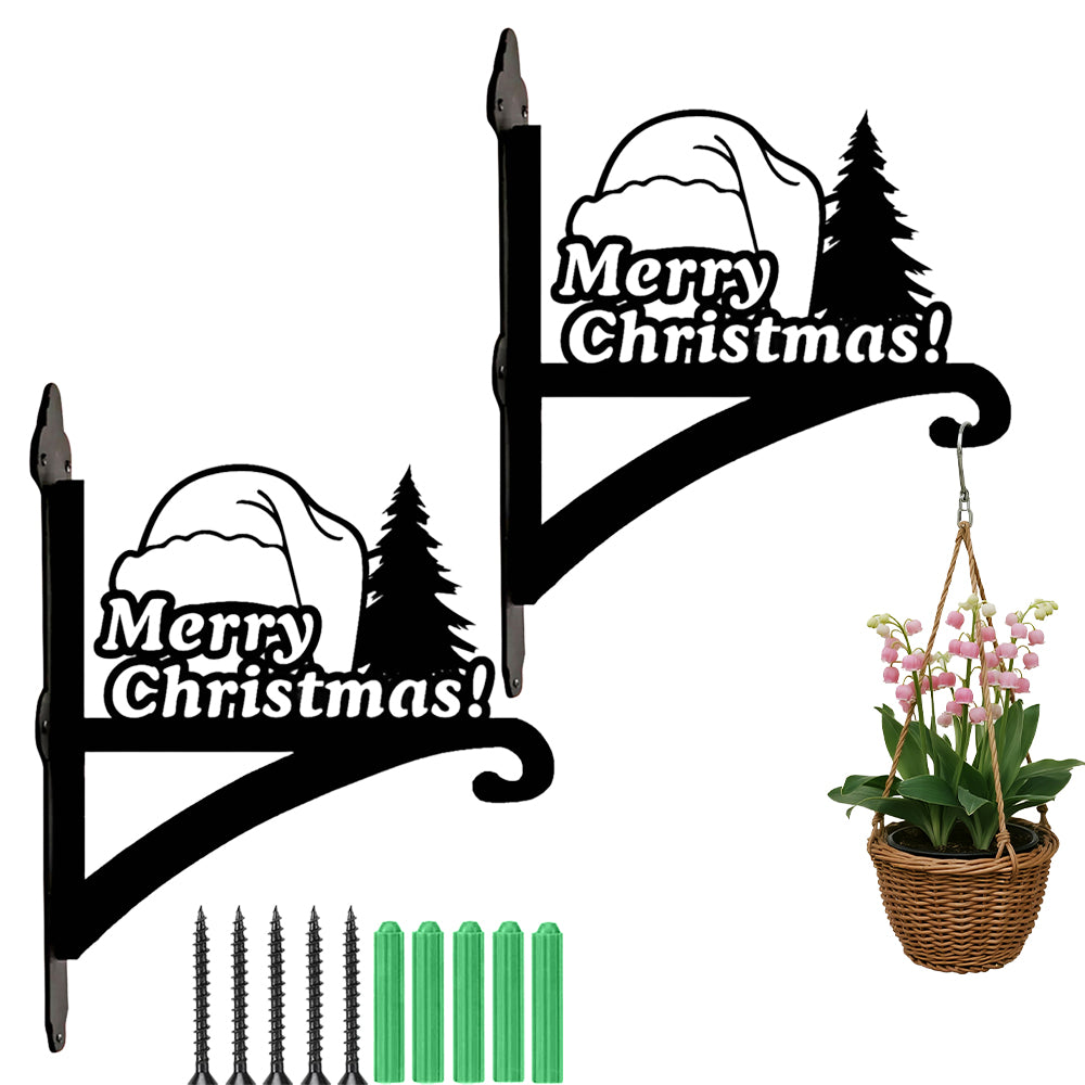 Merry christmas santa hat metal hanging basket bracket mounted on outdoor wall for plant decoration