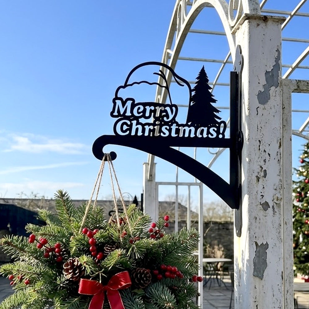 Merry christmas santa hat metal hanging basket bracket mounted on outdoor wall for plant decoration