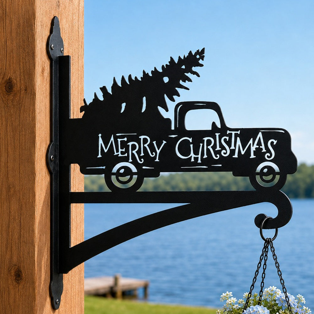 Merry christmas truck metal hanging basket bracket mounted on outdoor wall for plant decoration