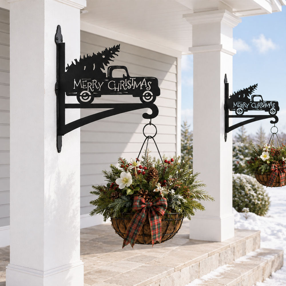 Merry christmas truck metal hanging basket bracket mounted on outdoor wall for plant decoration