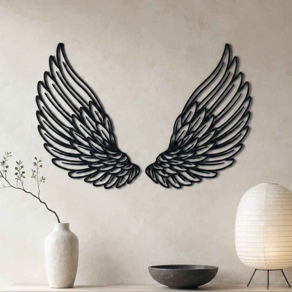 Black Metal Angel Feather Wings Wings Wall Art with Intricate Cutout Details
