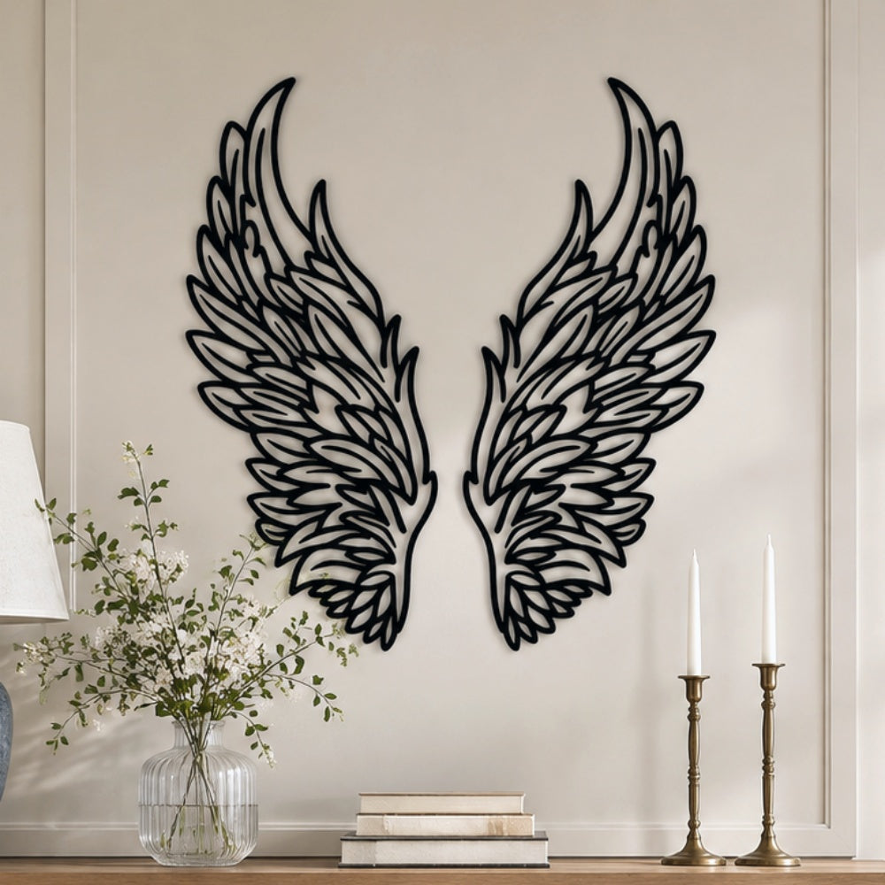 Black Metal Angel Wings Wall Art with Intricate Cutout Details