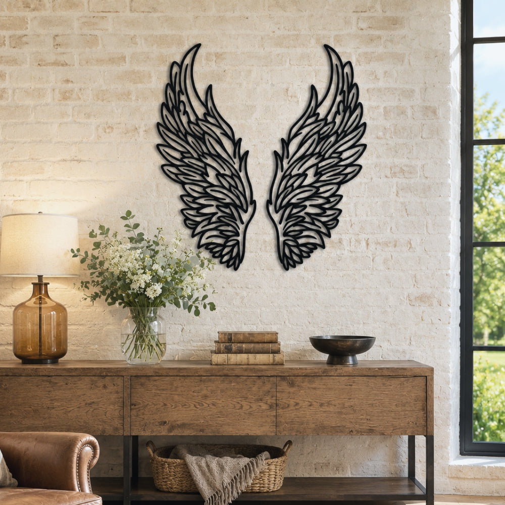 Black Metal Angel Wings Wall Art with Intricate Cutout Details