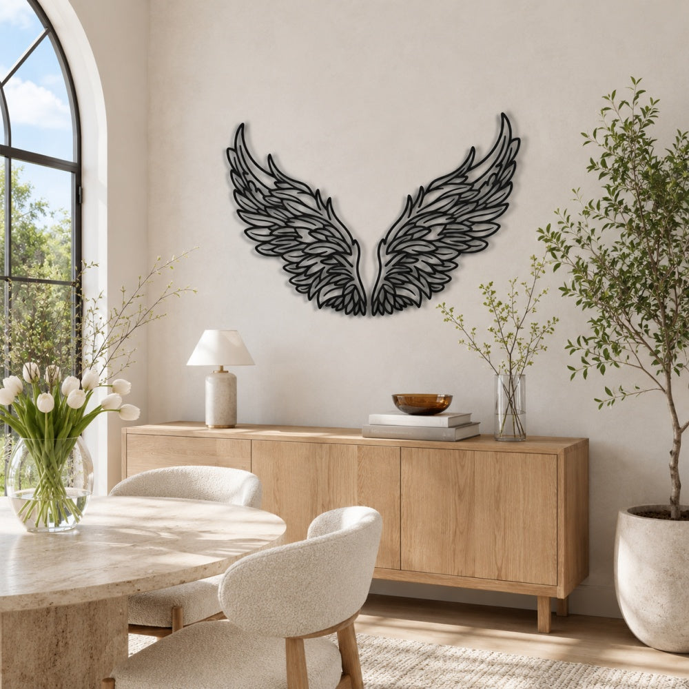 Black Metal Angel Wings Wall Art with Intricate Cutout Details