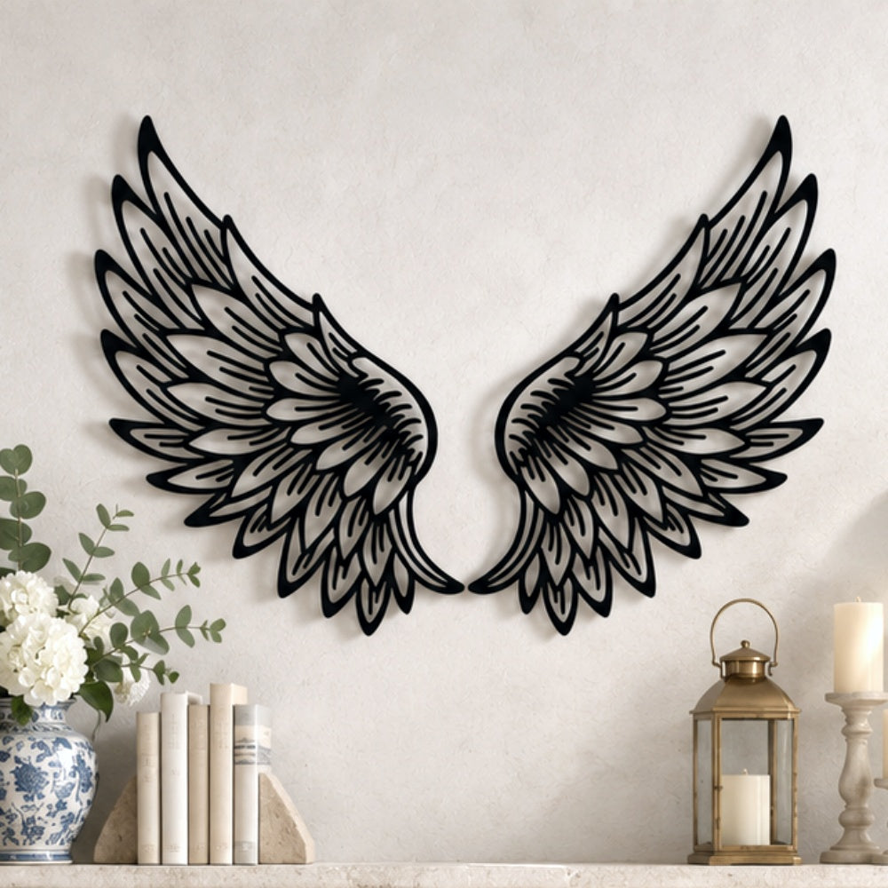 Black Metal Angel Wings Wall Art with Intricate Cutout Details