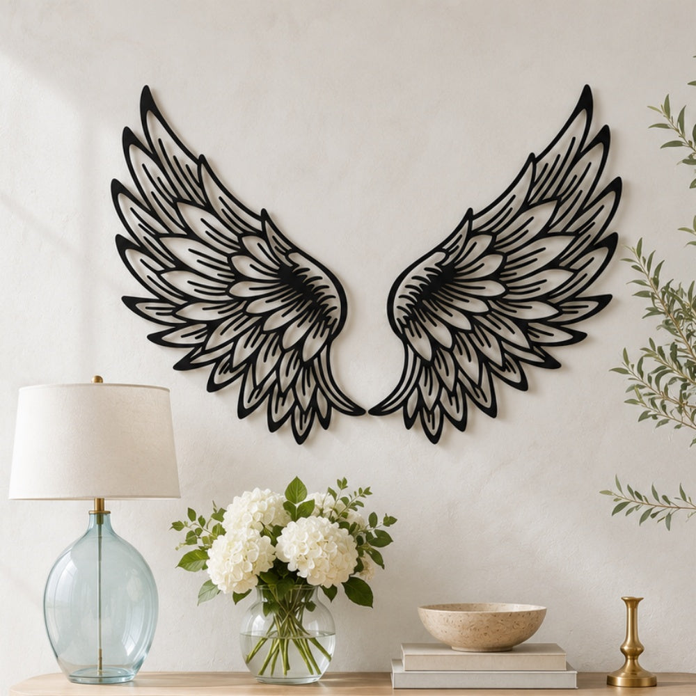 Black Metal Angel Wings Wall Art with Intricate Cutout Details