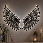 Black Metal Angel Wings Wall Art with Soft White LED Lighting