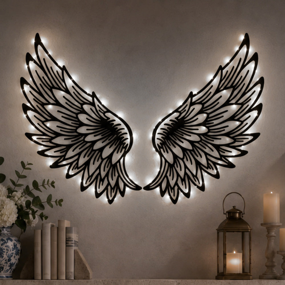 Black Metal Angel Wings Wall Art with Soft White LED Lighting