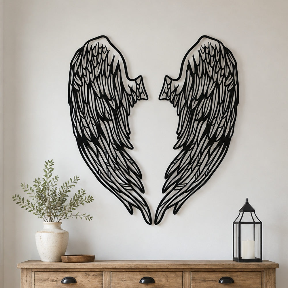 Black Metal Archangel Wings Wall Art with Intricate Cutout Details