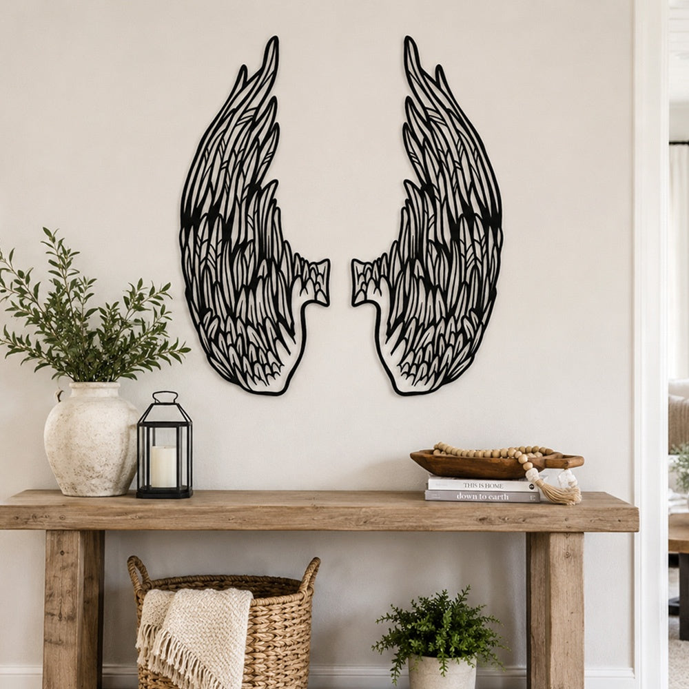 Black Metal Archangel Wings Wall Art with Intricate Cutout Details