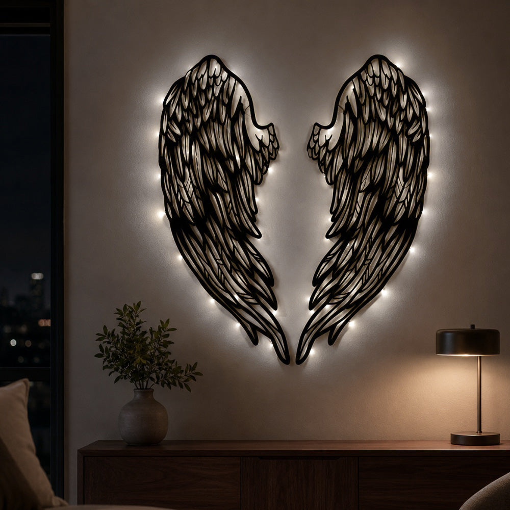Black Metal Archangel Wings Wall Art with Soft White LED Lighting