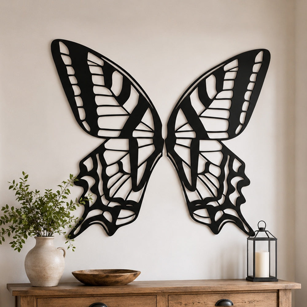 Black Metal Butterfly Wings Wall Art with Intricate Cutout Details