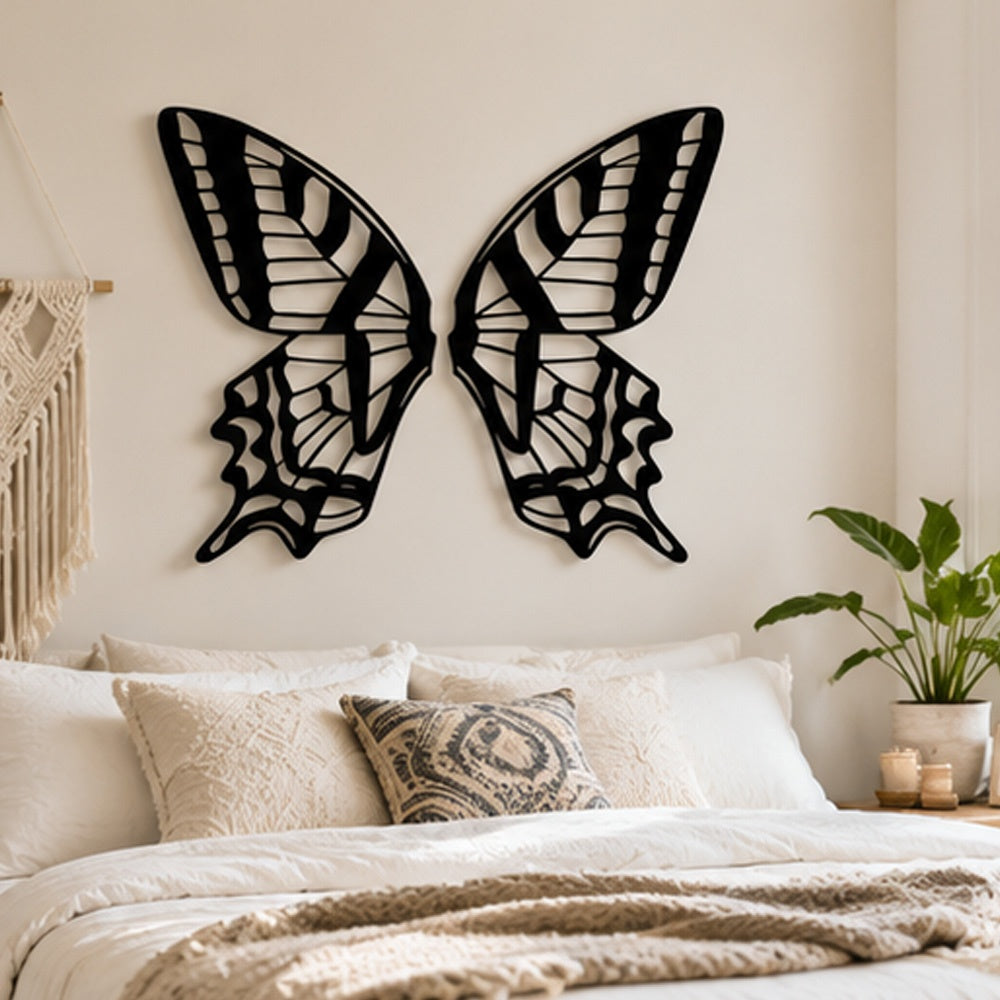 Black Metal Butterfly Wings Wall Art with Intricate Cutout Details