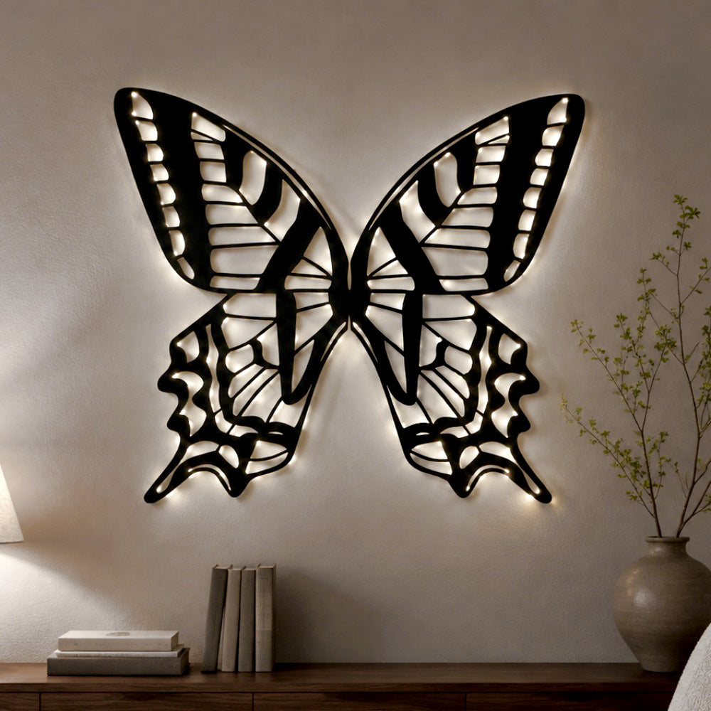 Black Metal Butterfly Wings Wall Art with Soft White LED Lighting