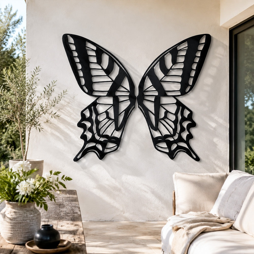 Black Metal Butterfly Wings Wall Art with Intricate Cutout Details