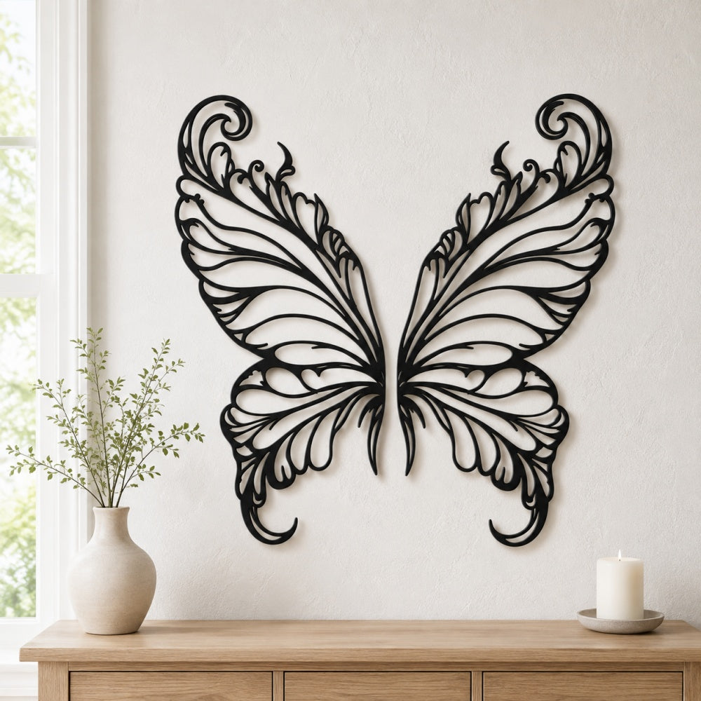 Black metal Elegant Butterfly wings wall art with intricate cutout details displayed on the wall