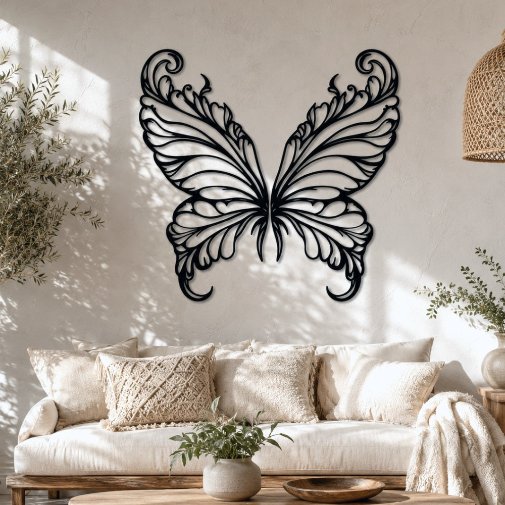 Black metal Elegant Butterfly wings wall art with intricate cutout details displayed on the wall