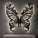 Black metal Elegant Butterfly wings wall art with Soft White LED Lighting displayed on the wall
