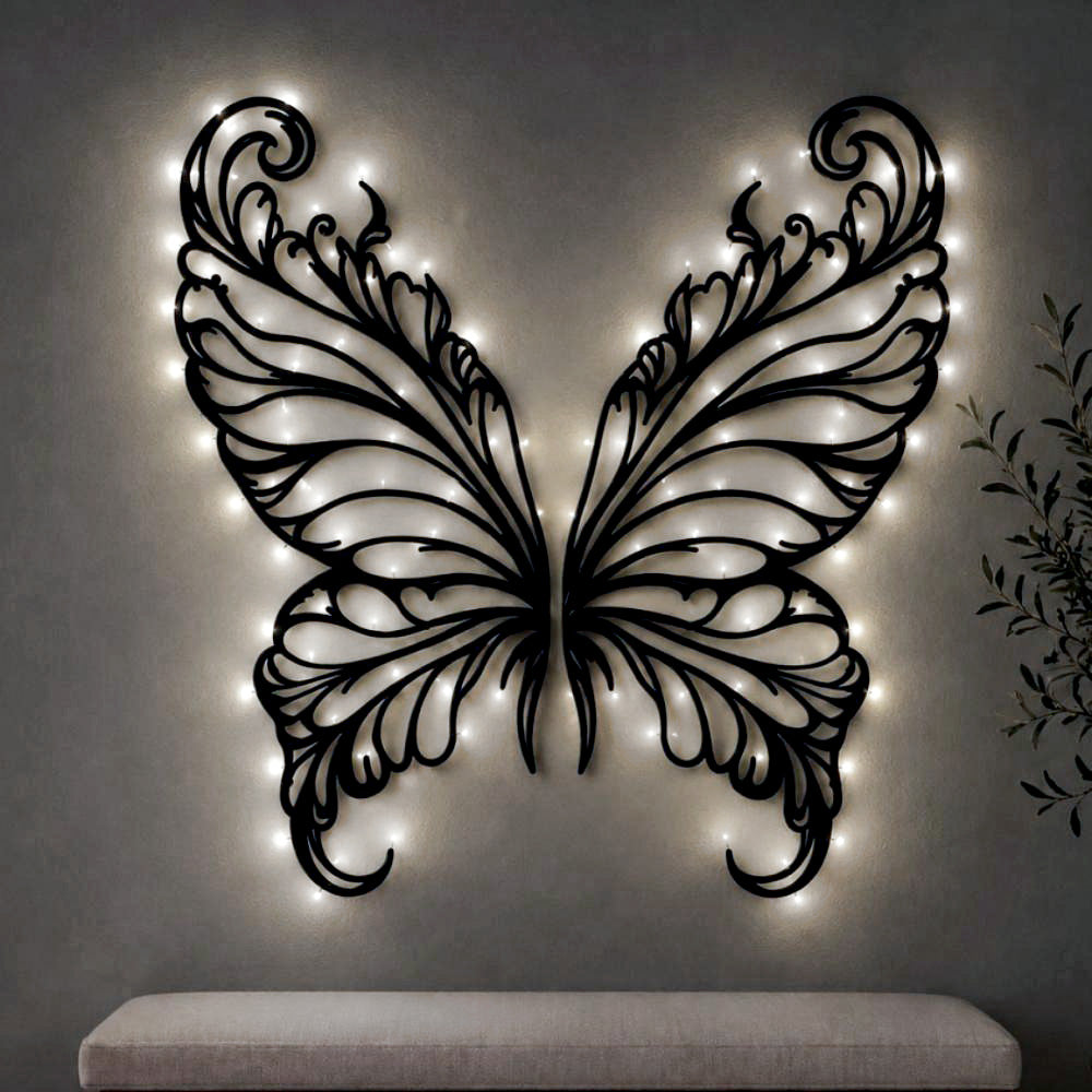 Black metal Elegant Butterfly wings wall art with Soft White LED Lighting displayed on the wall