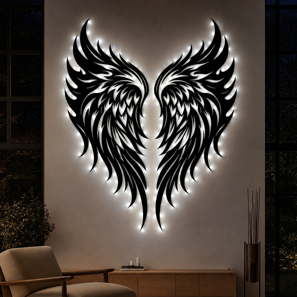 Black metal Flame Style Angel wings wall art with Soft White LED Lighting displayed on the wall