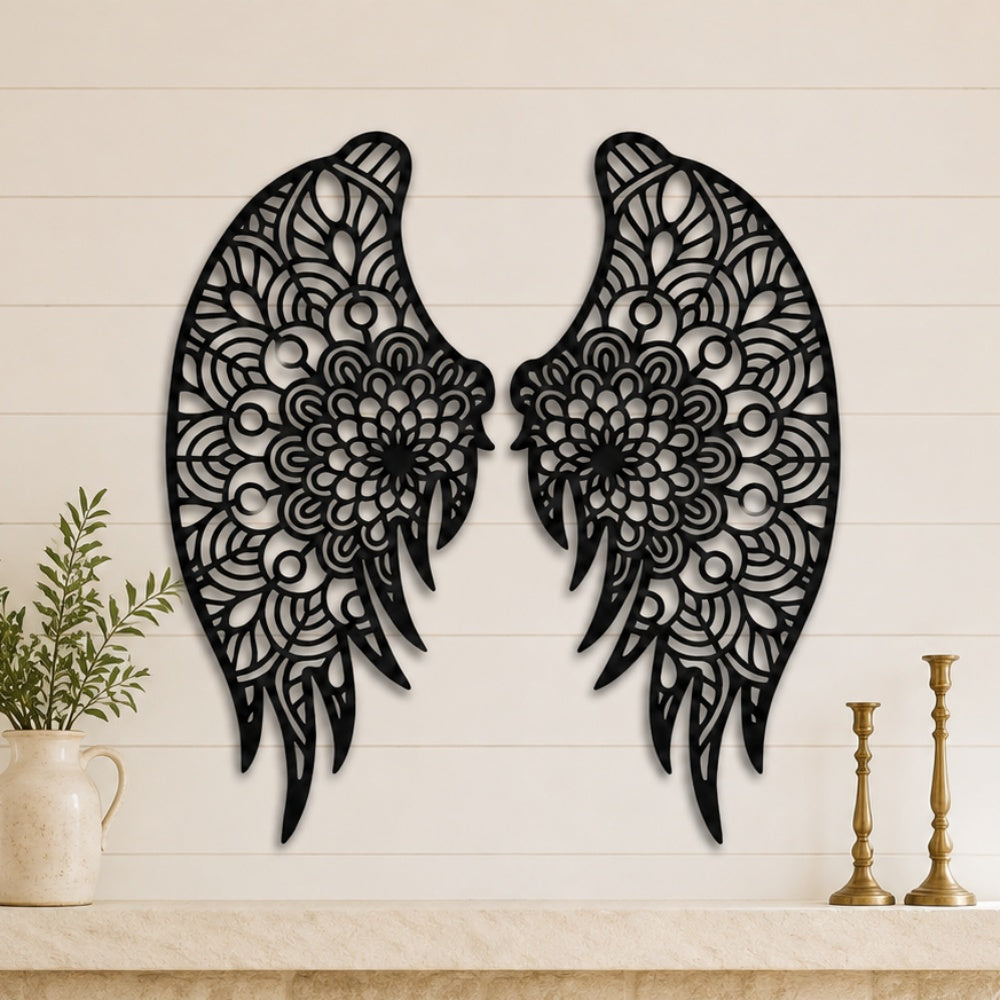 Black metal Floral Angel wings wall art with intricate cutout details displayed on the wall