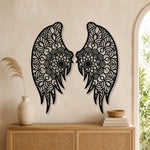 Black metal Floral Angel wings wall art with intricate cutout details displayed on the wall
