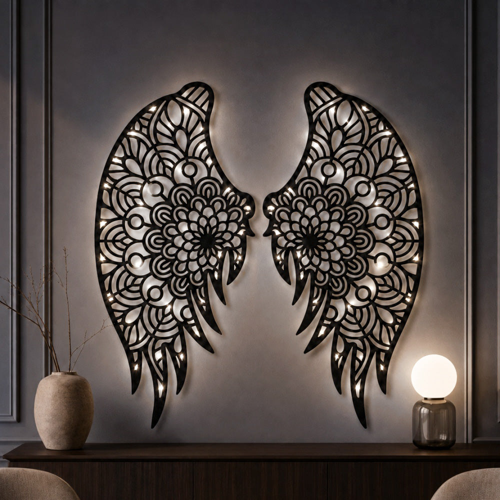 Black metal Floral Angel wings wall art with Soft White LED Lighting displayed on the wall