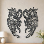 Black metal Mystic Phoenix wings wall art with intricate cutout details displayed on a beige paneled wall
