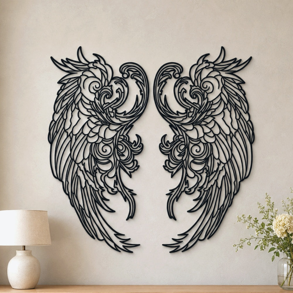 Black metal Mystic Phoenix wings wall art with intricate cutout details displayed on a beige paneled wall