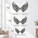 Black metal Mystic Phoenix wings wall art with intricate cutout details displayed on the wall