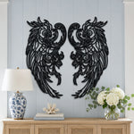 Black metal Mystic Phoenix wings wall art with intricate cutout details displayed on the wall