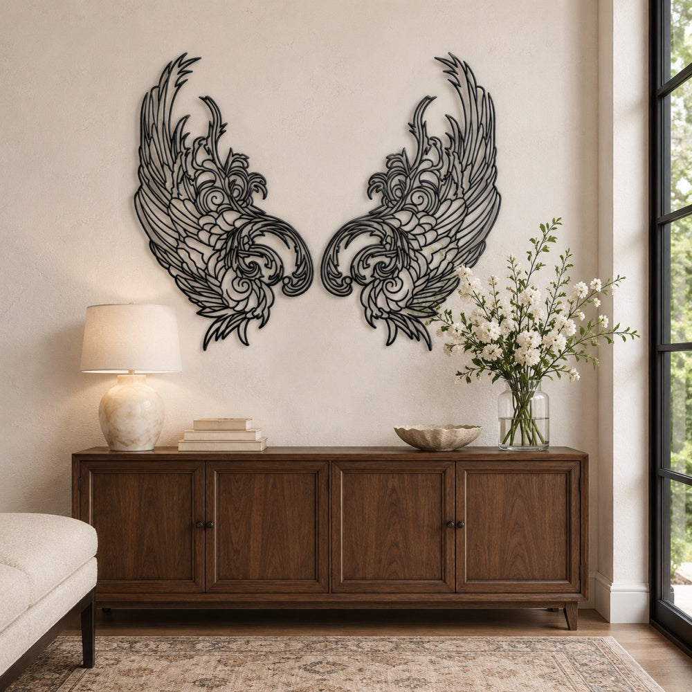Black metal Mystic Phoenix wings wall art with intricate cutout details displayed on a beige paneled wall
