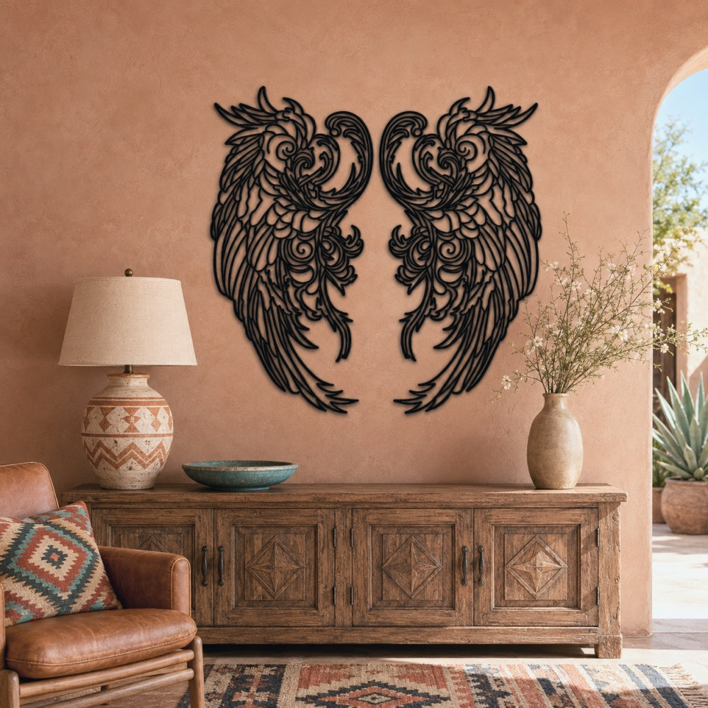 Black metal Mystic Phoenix wings wall art with intricate cutout details displayed on the wall
