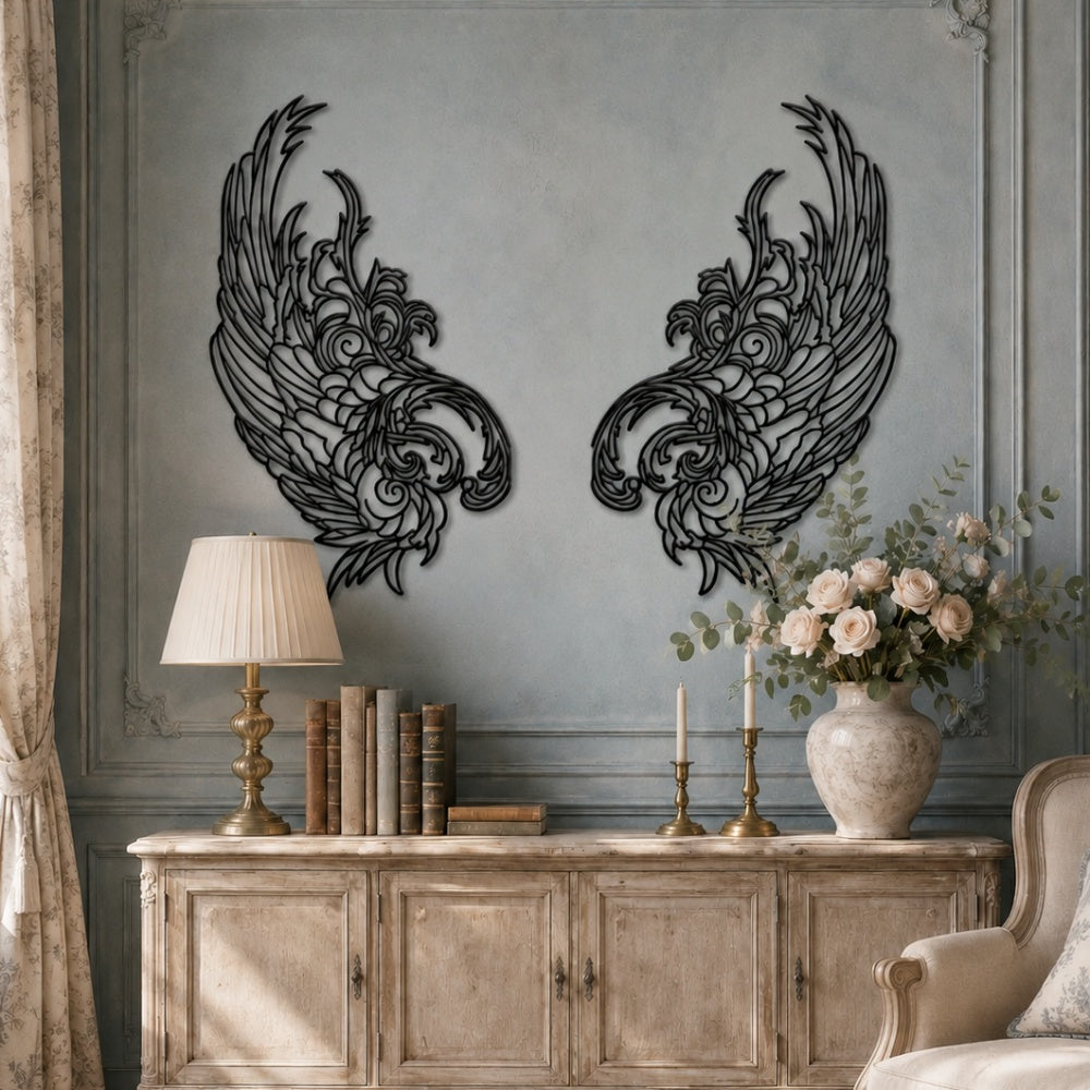 Black metal Mystic Phoenix wings wall art with intricate cutout details displayed on the wall